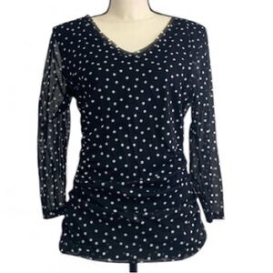 INC BLACK WITH WHITE POLKADOT BLOUSE.
